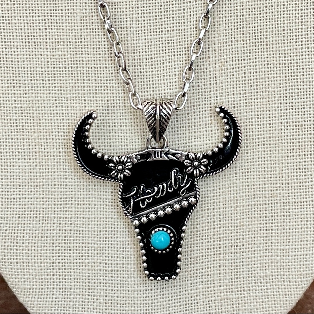 Howdy Steer Skull Paperclip Chain Necklace With Turquoise 19$